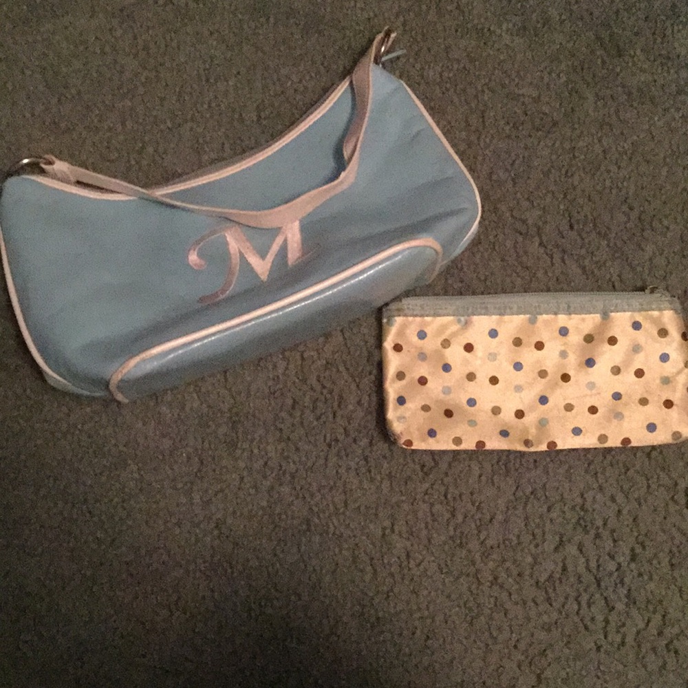 Blue embroidered purse and wallet set (M initial)